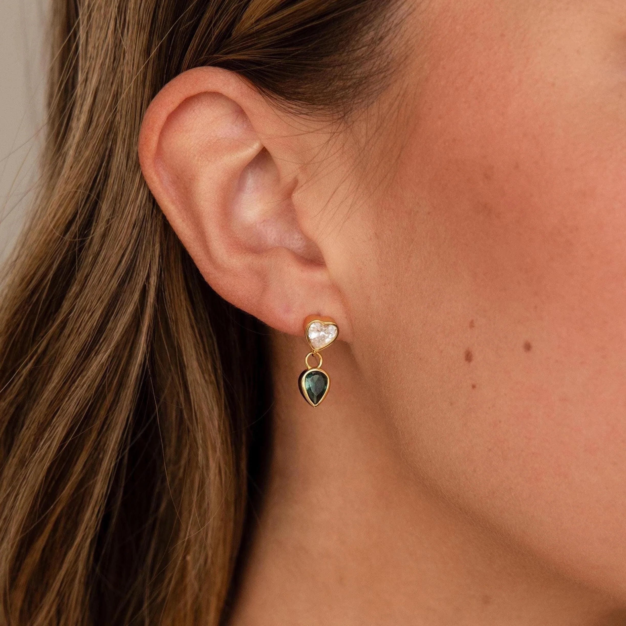 Emerald Heart Drop Studs Silver 18K Gold Plated