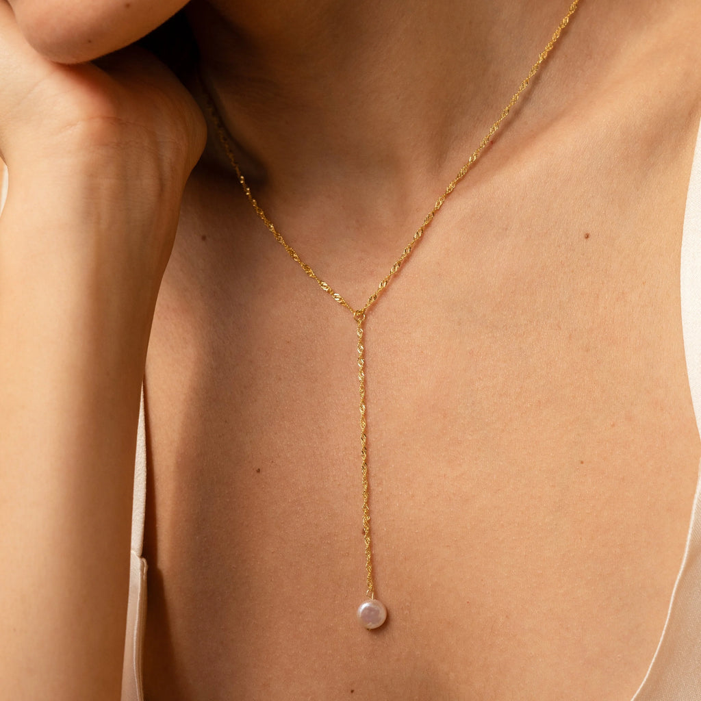 Pearl Lariat Y Necklace Silver 18K Gold Plated