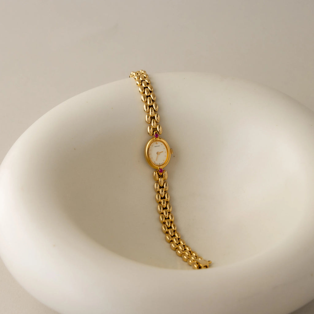 Vintage Seiko Oval Ruby Gold Watch Silver 18K Gold Plated