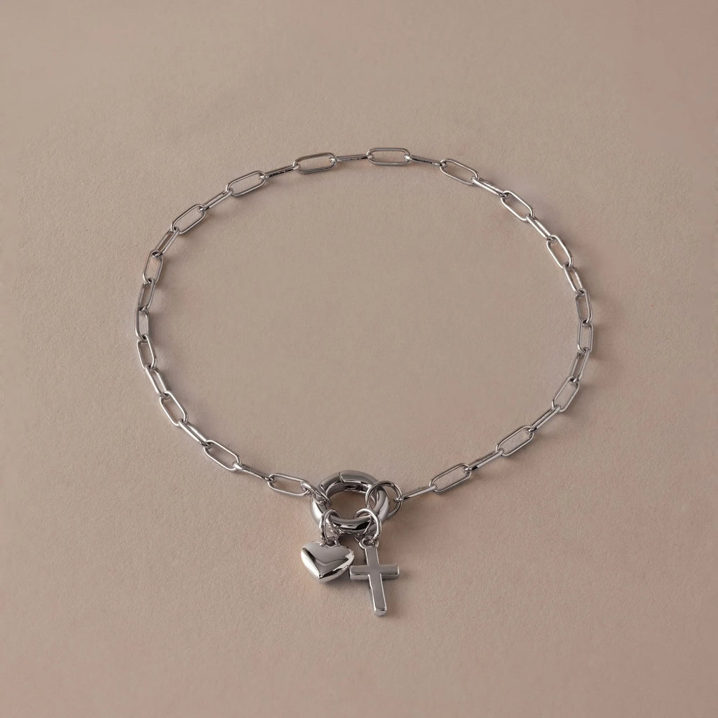 Cross & Heart Charm Bracelet Silver 18K Gold Plated