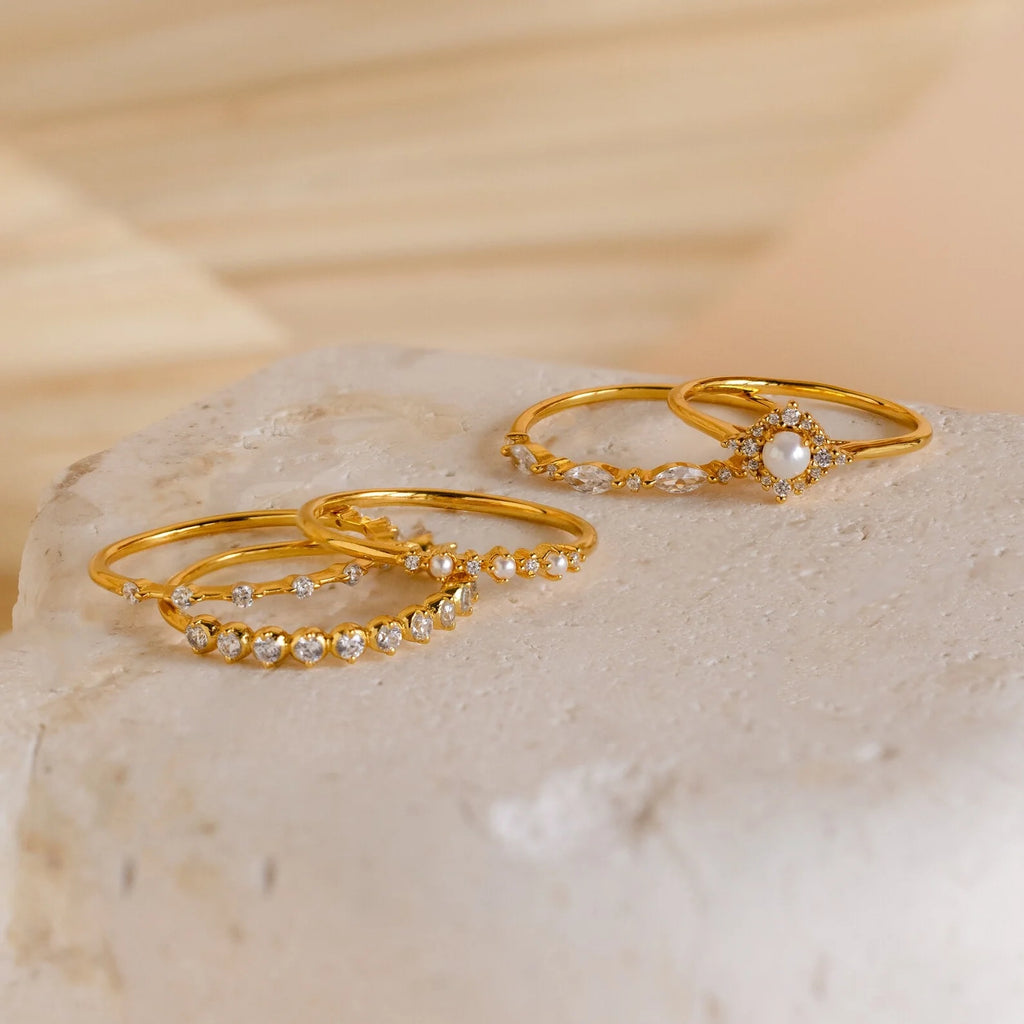 Pearl Diamond Stacking Rings Silver 18K Gold Plated