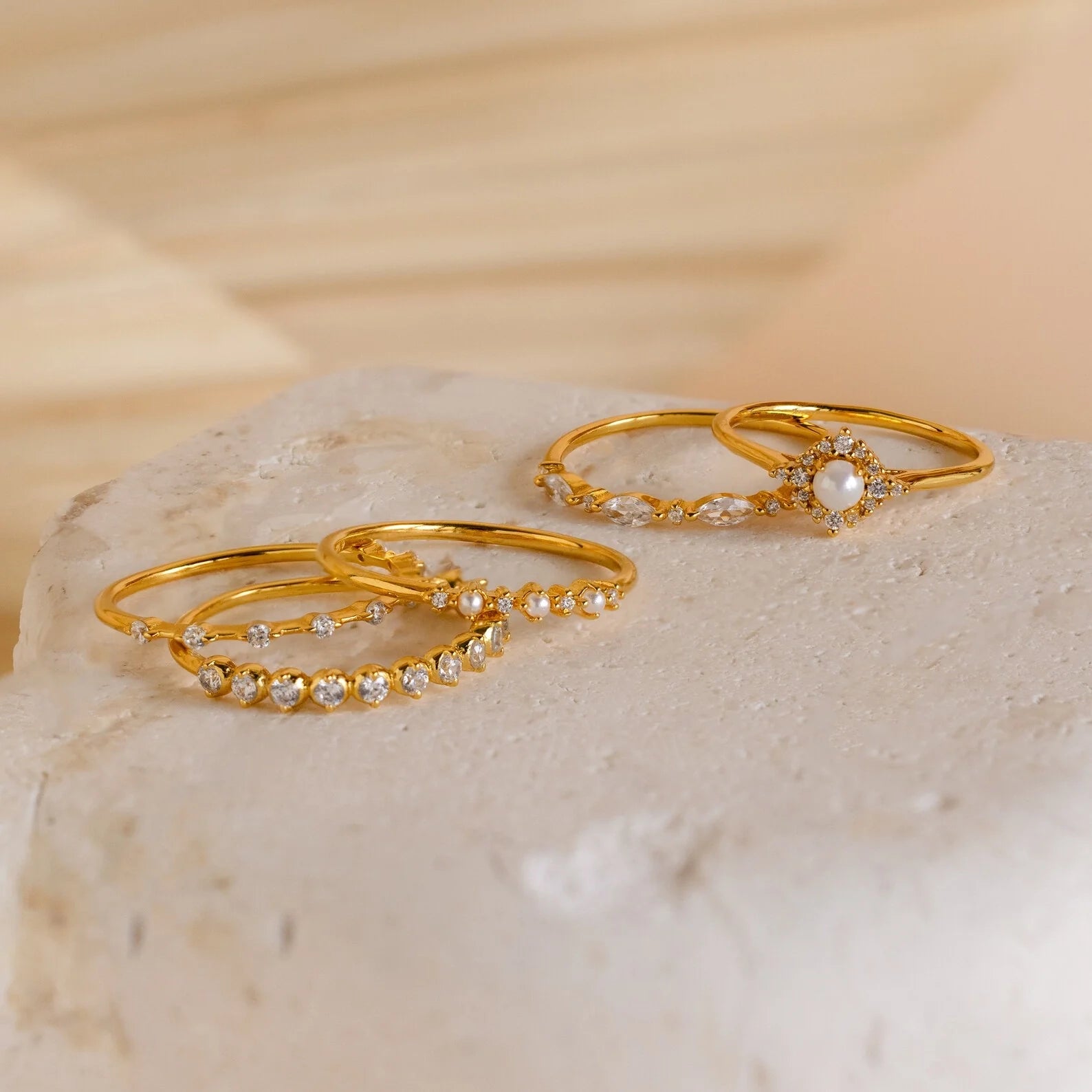 Pearl Diamond Stacking Rings Silver 18K Gold Plated