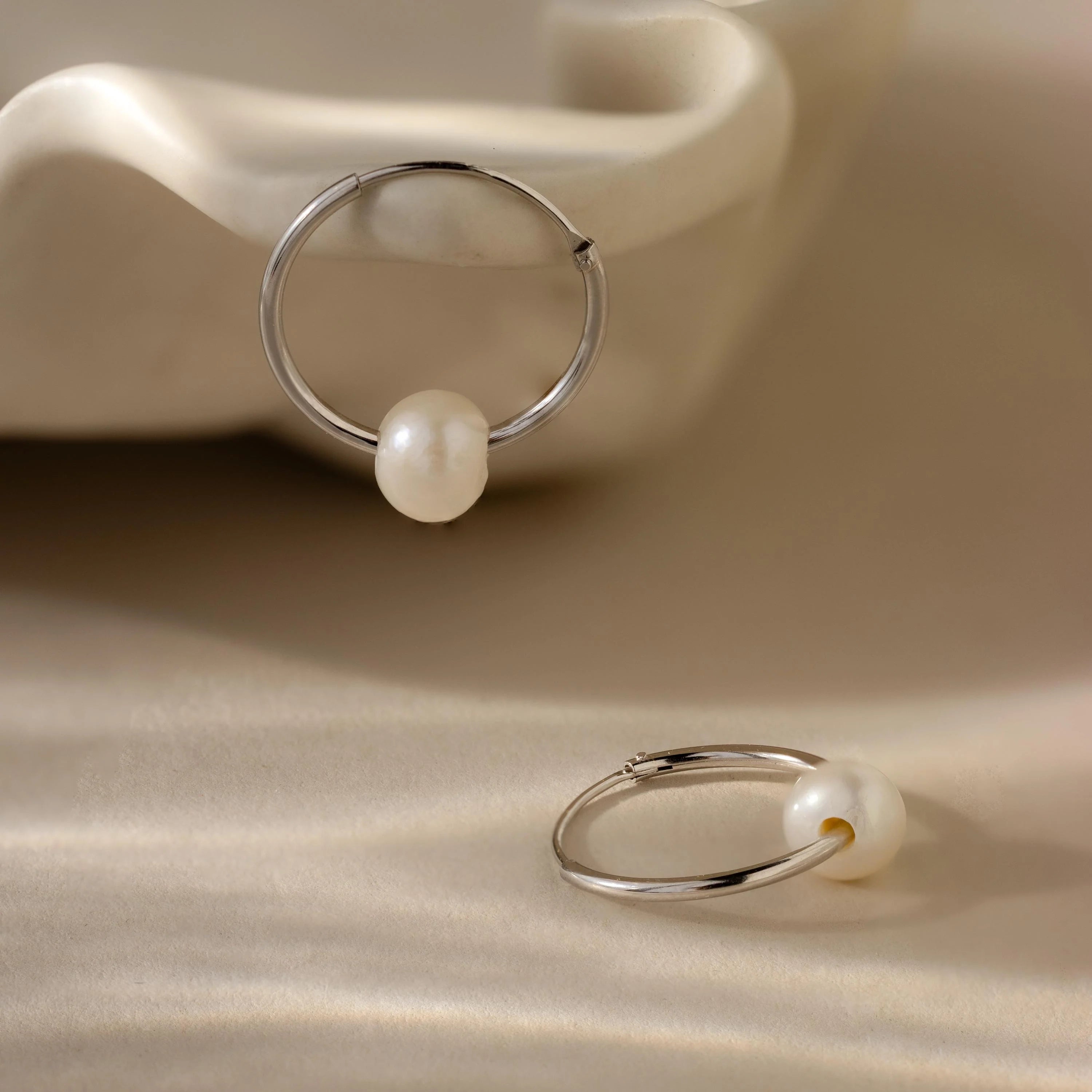 Round Pearl Hoops Silver 18K Gold Plated