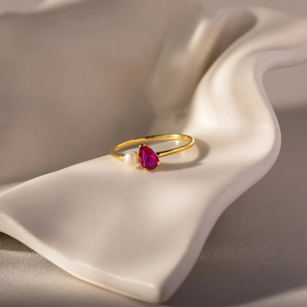 Teardrop Ruby & Pearl Ring Silver 18K Gold Plated