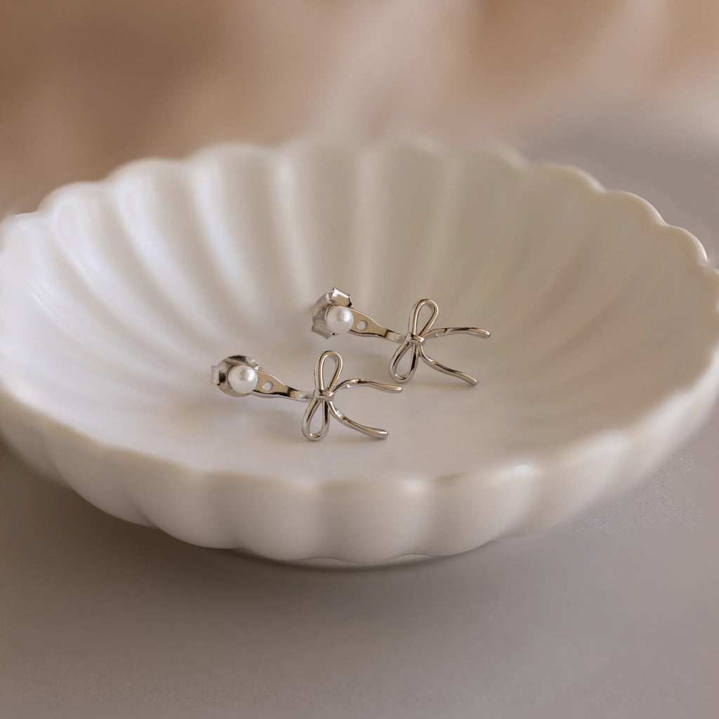 Pearl Bow Ear Jackets Silver 18K Gold Plated