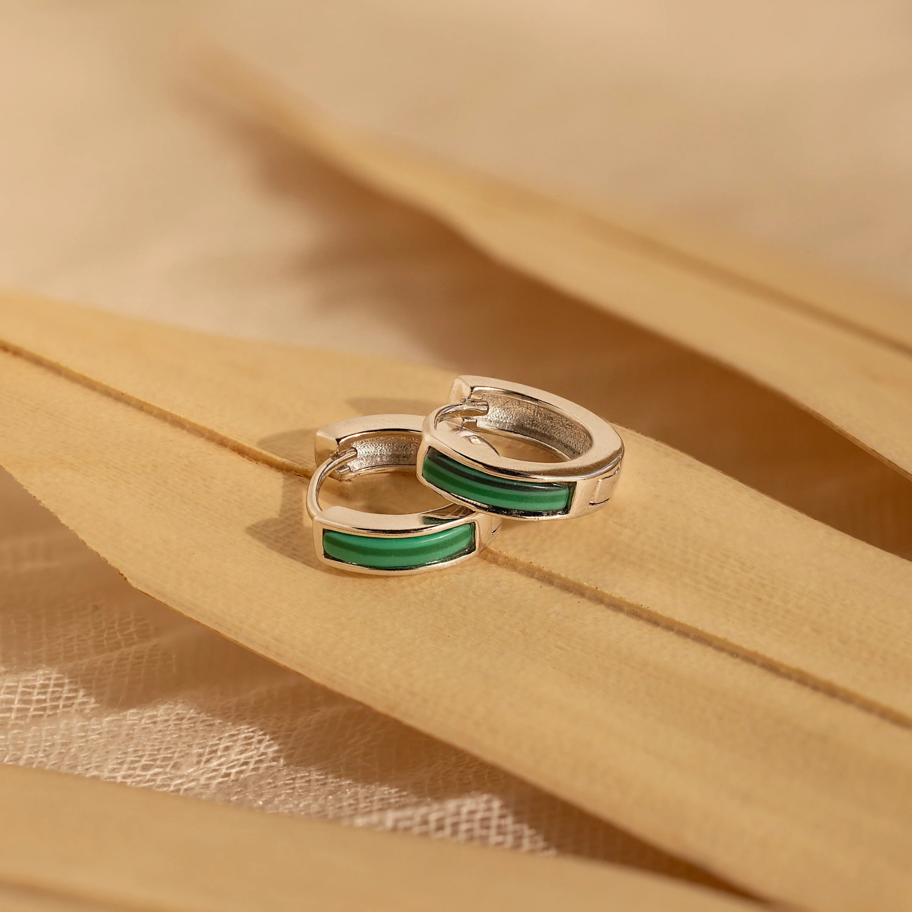 Malachite Inlay Huggies Silver 18K Gold Plated