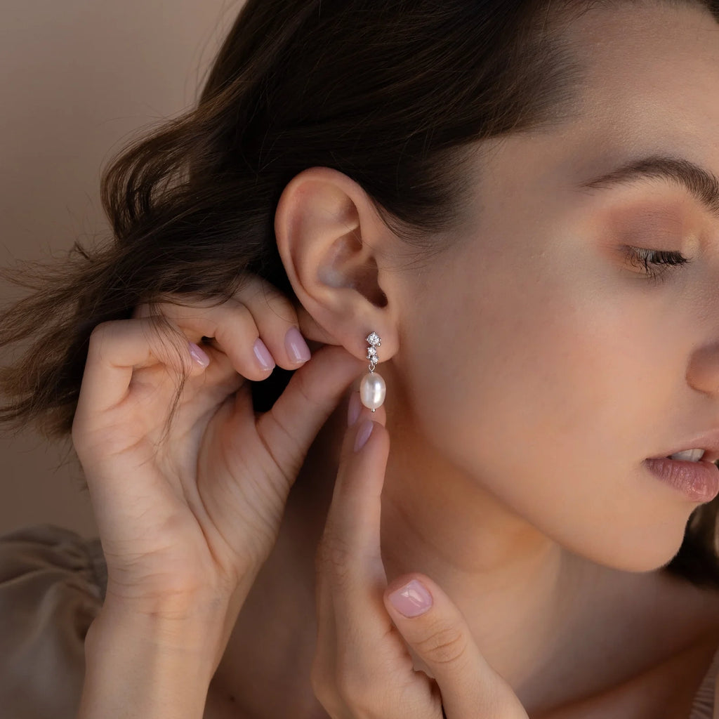 Diamond Pearl Drop Earrings Silver 18K Gold Plated