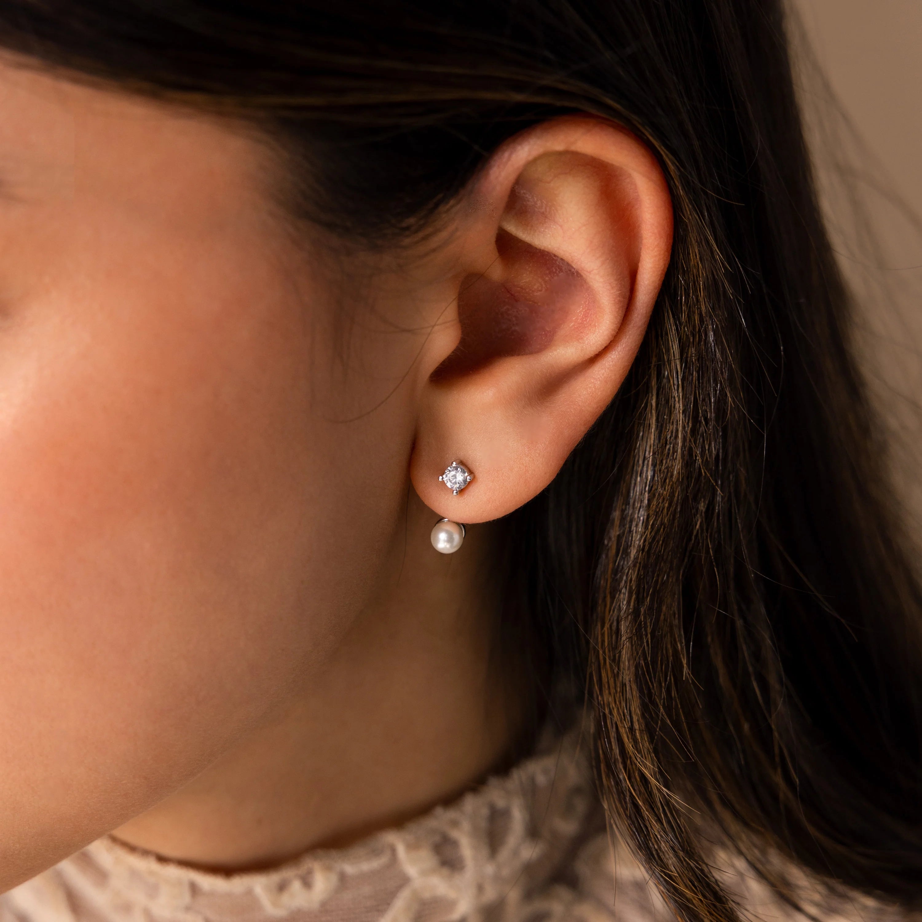 Diamond Pearl Ear Jackets Silver 18K Gold Plated