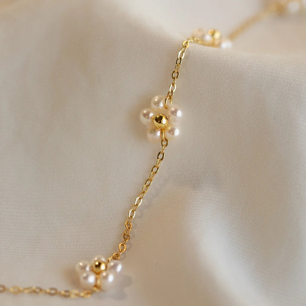 Beaded Pearl Flowers Station Necklace Silver 18K Gold Plated