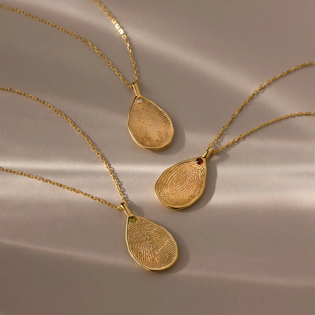 Fingerprint Birthstone Teardrop Necklace Silver 18K Gold Plated