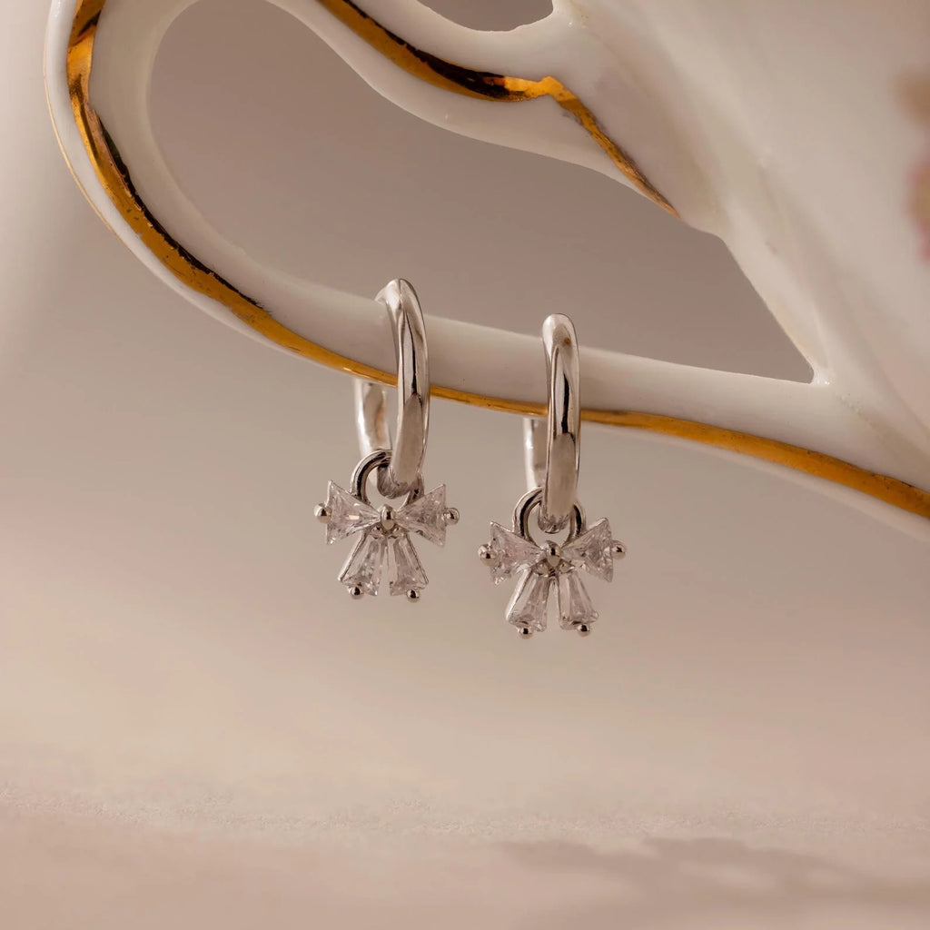Diamond Bow Necklace & Earrings Set Silver 18K Gold Plated