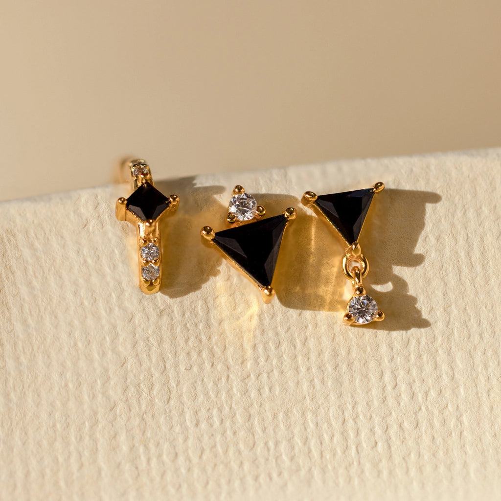 Diamond Black Art Deco Earrings Set Silver 18K Gold Plated