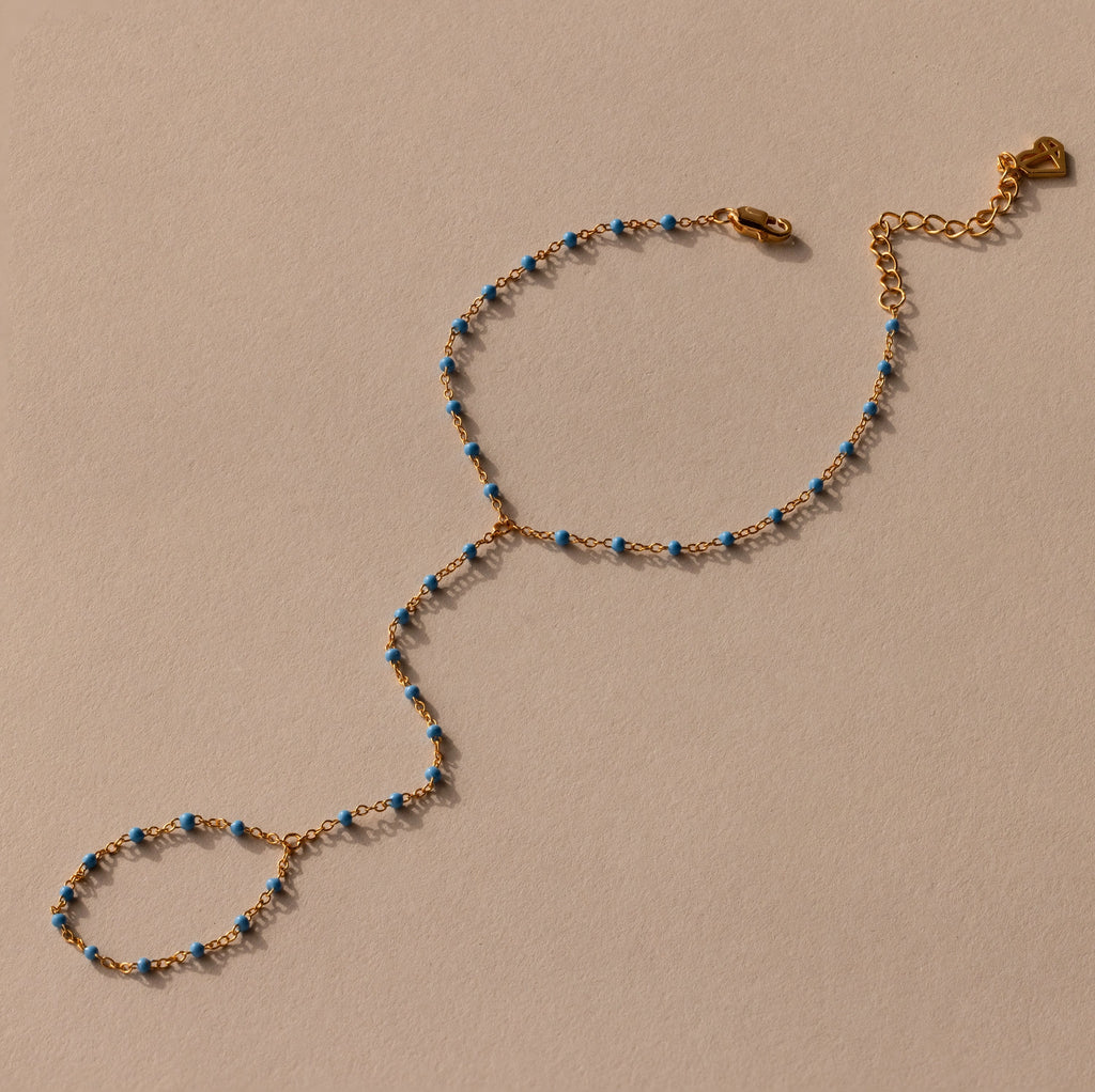 Turquoise Ocean Beaded Hand Chain Bracelet Silver 18K Gold Plated