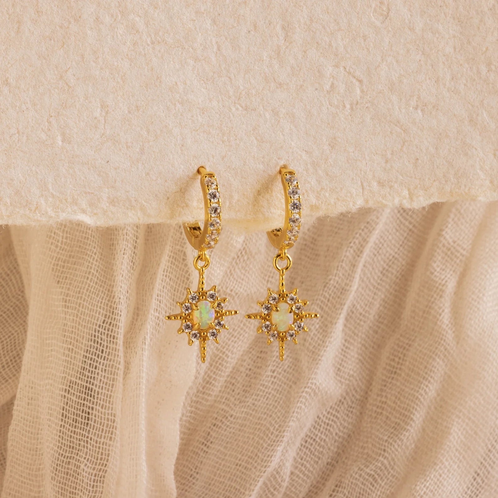 Opal Star Charm Necklace & Earrings Set Silver 18K Gold Plated