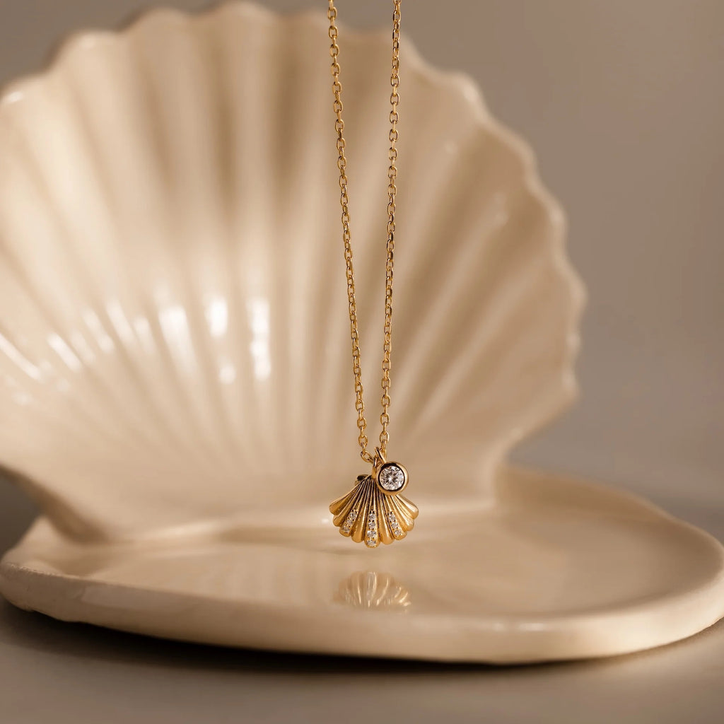 Diamond Seashell Charm Necklace Silver 18K Gold Plated