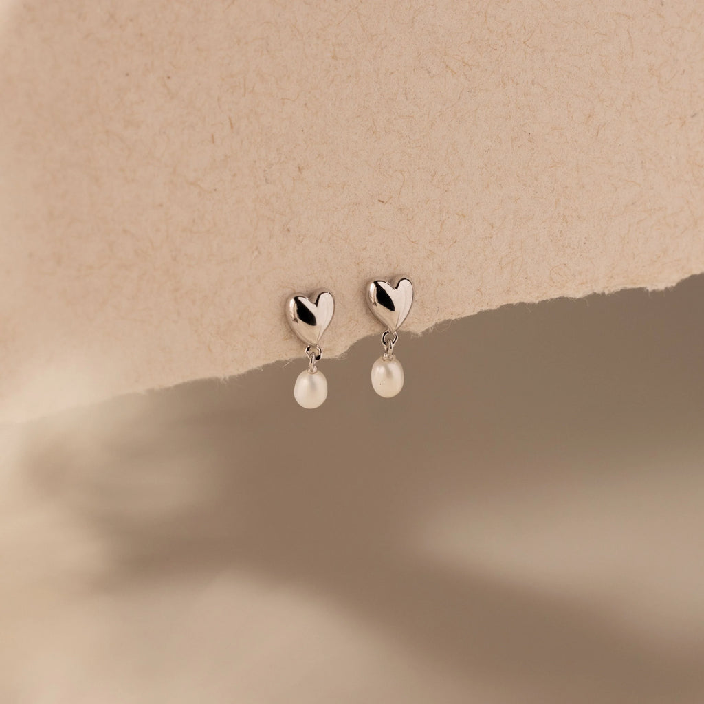 Heart Pearl Drop Earrings Silver 18K Gold Plated