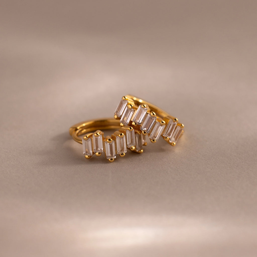 Staggered Baguette Diamond Huggies Silver 18K Gold Plated
