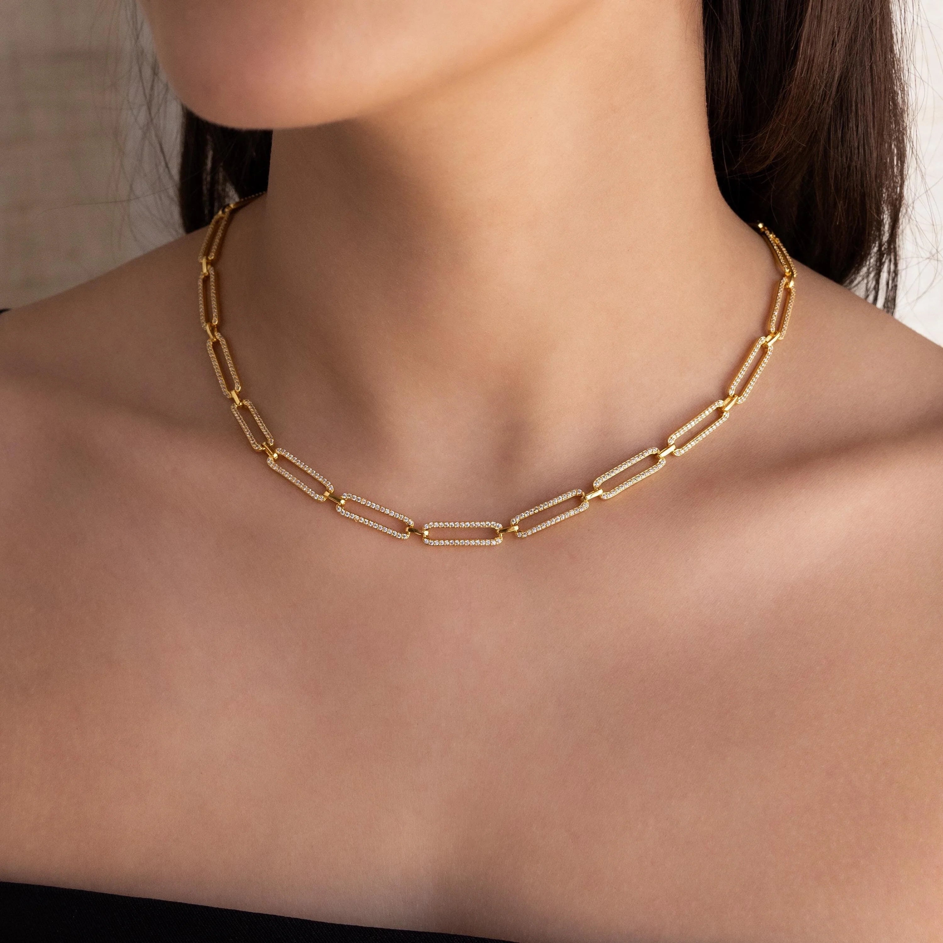 Diamond Link Chain Necklace Silver 18K Gold Plated