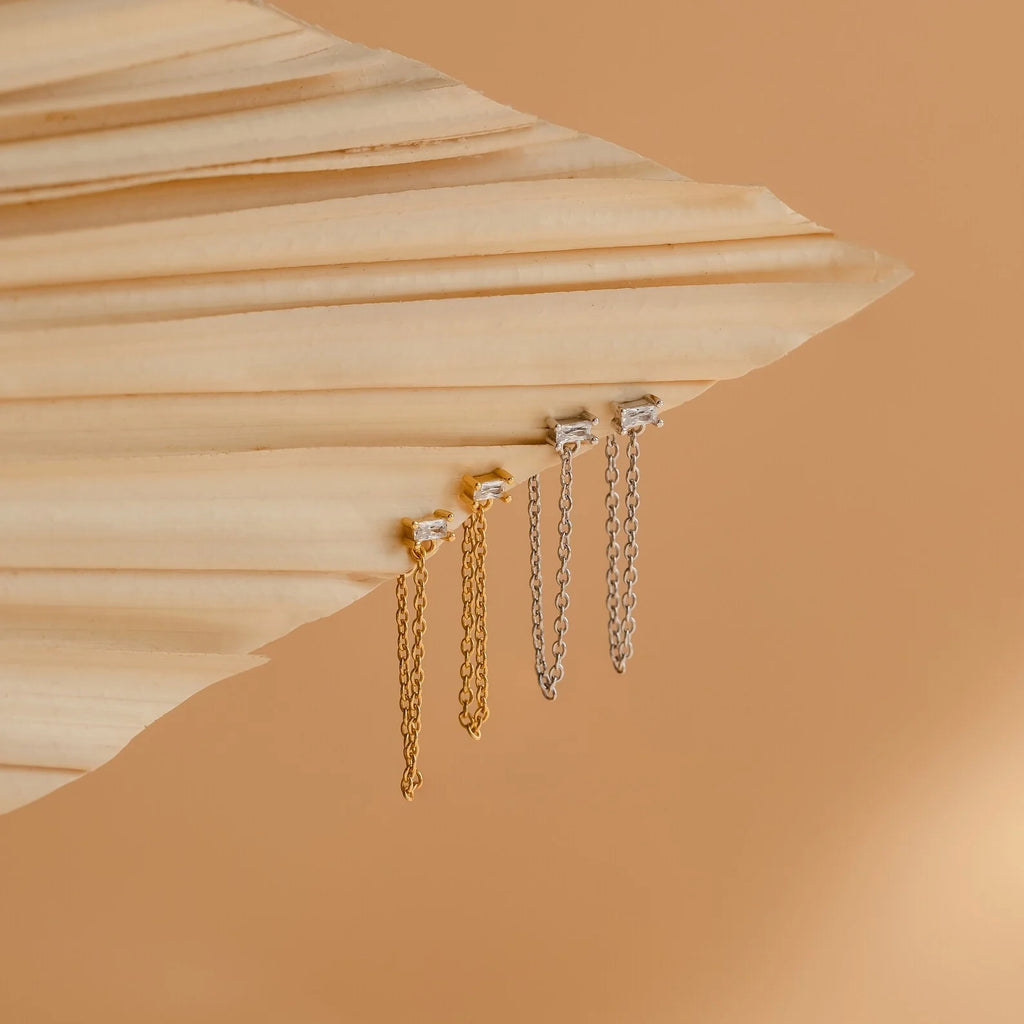 Diamond Baguette Chain Studs Silver 18K Gold Plated