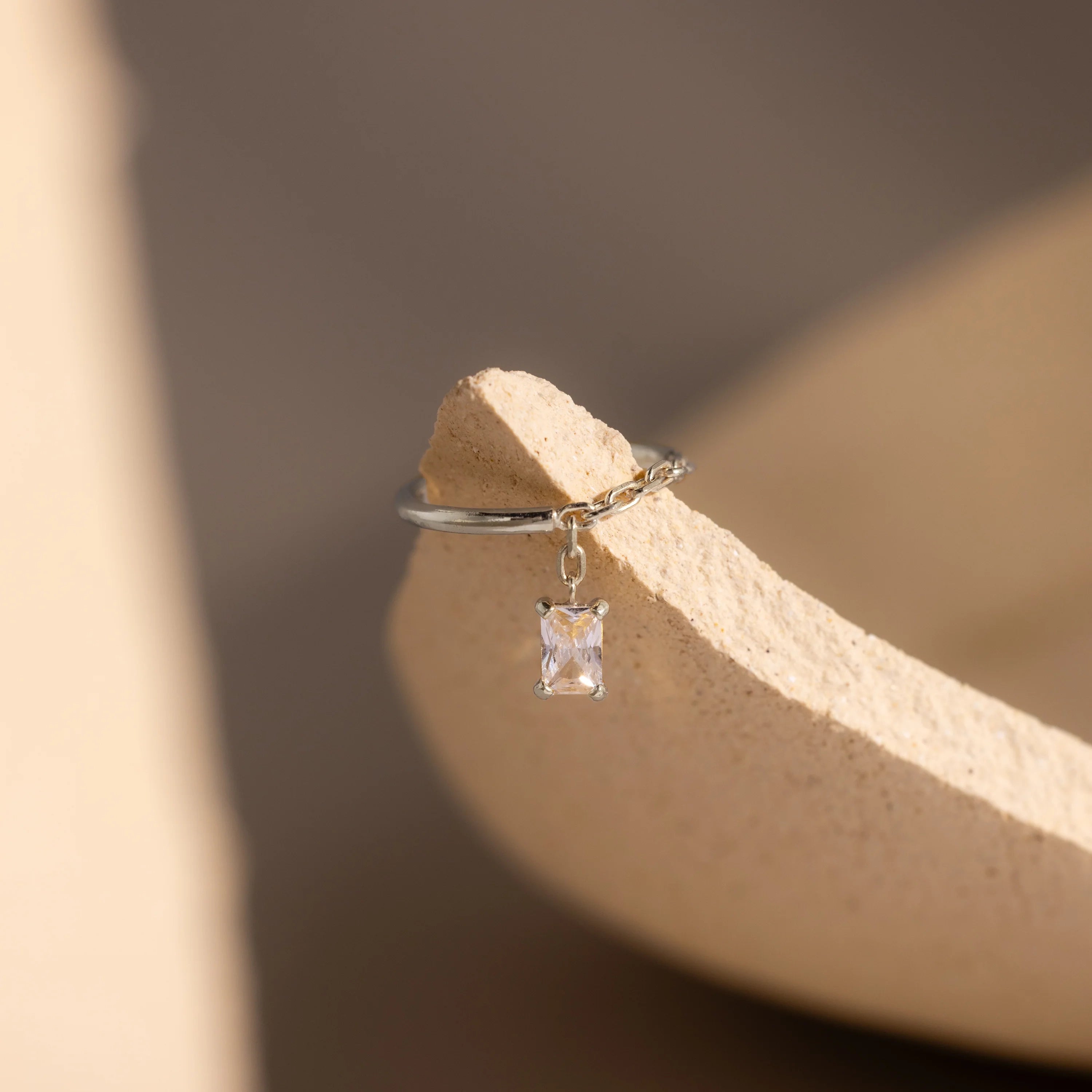 Diamond Drop Chain Ring Silver 18K Gold Plated