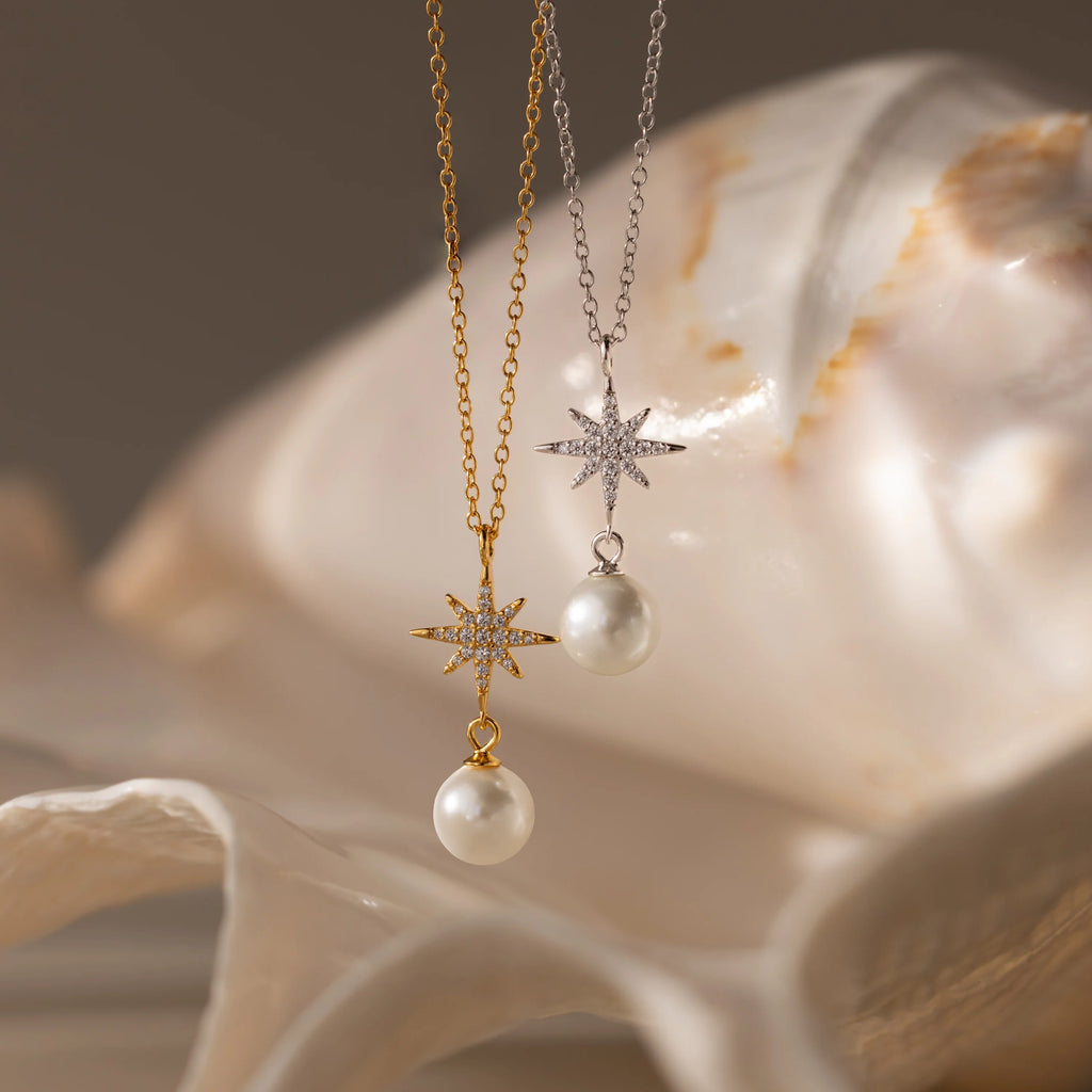 Pavé North Star Pearl Necklace Silver 18K Gold Plated