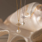 Pavé North Star Pearl Necklace Silver 18K Gold Plated