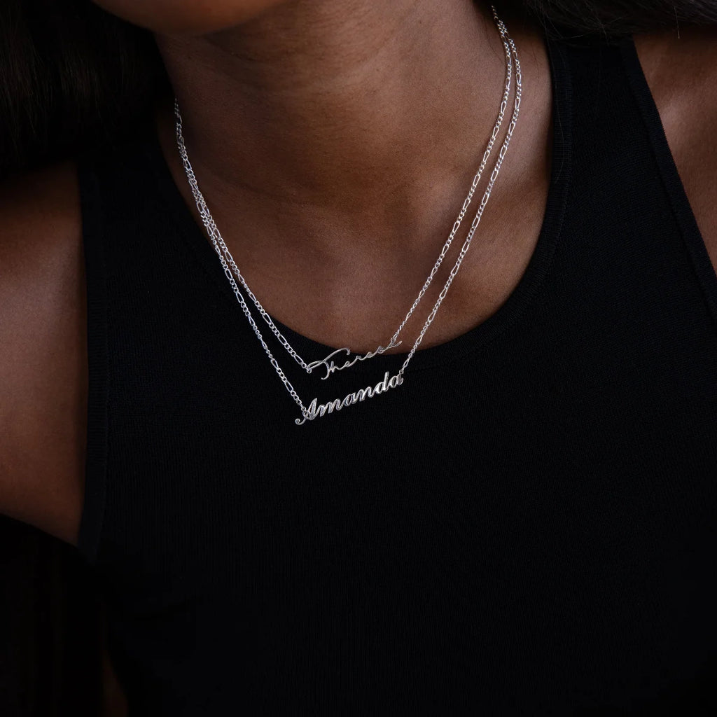 Figaro Chain Name Necklace Silver 18K Gold Plated