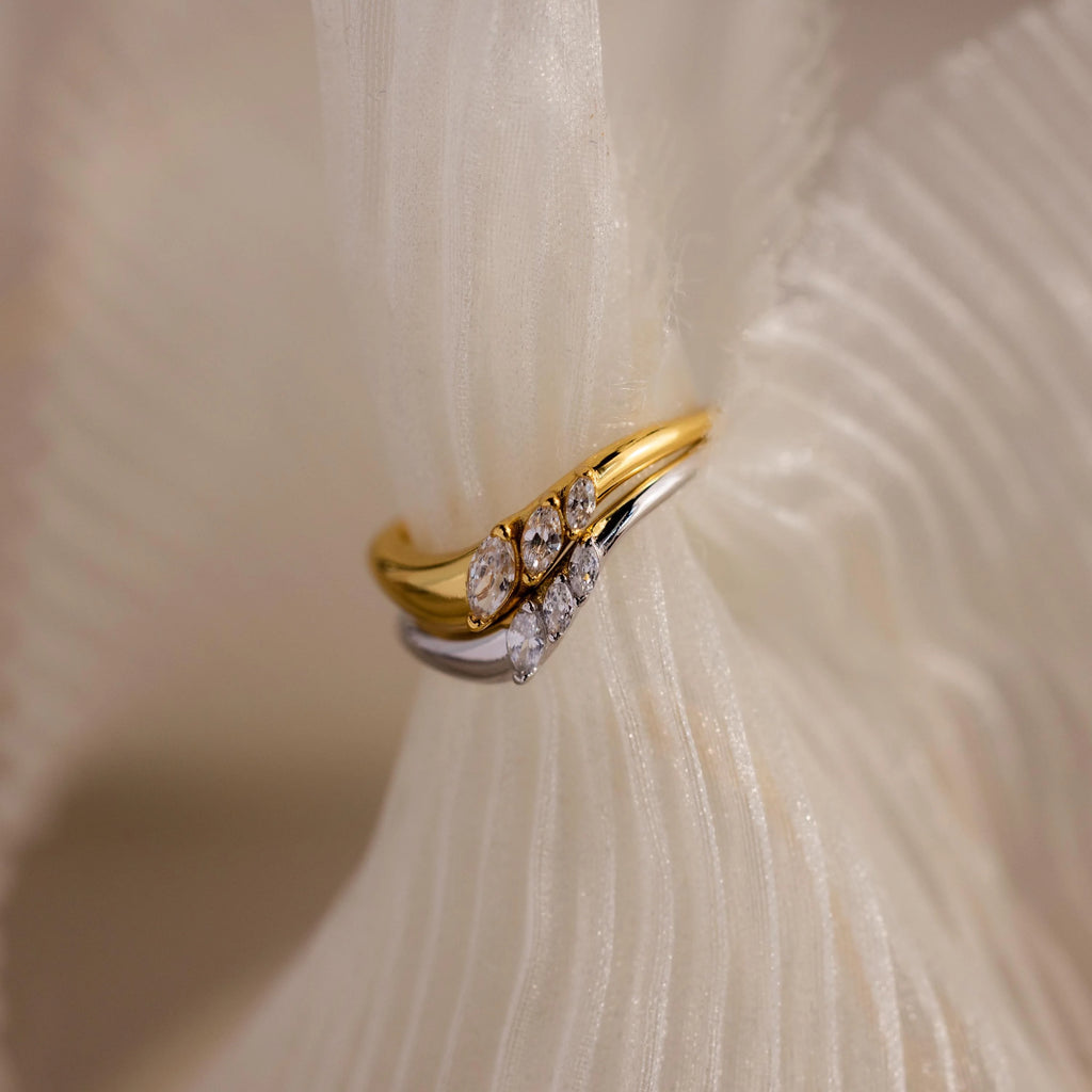 Diamond Mixed Metal Curve Ring Set Silver 18K Gold Plated