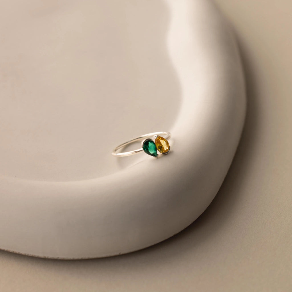 Toi et Moi Pear Birthstone Ring Silver 18K Gold Plated