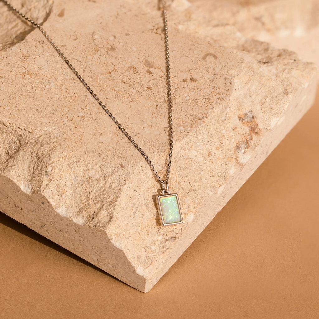 White Opal Rectangle Necklace Silver 18K Gold Plated