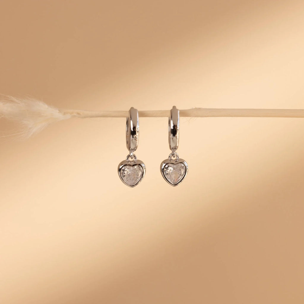 Diamond Heart Drop Huggies Silver 18K Gold Plated