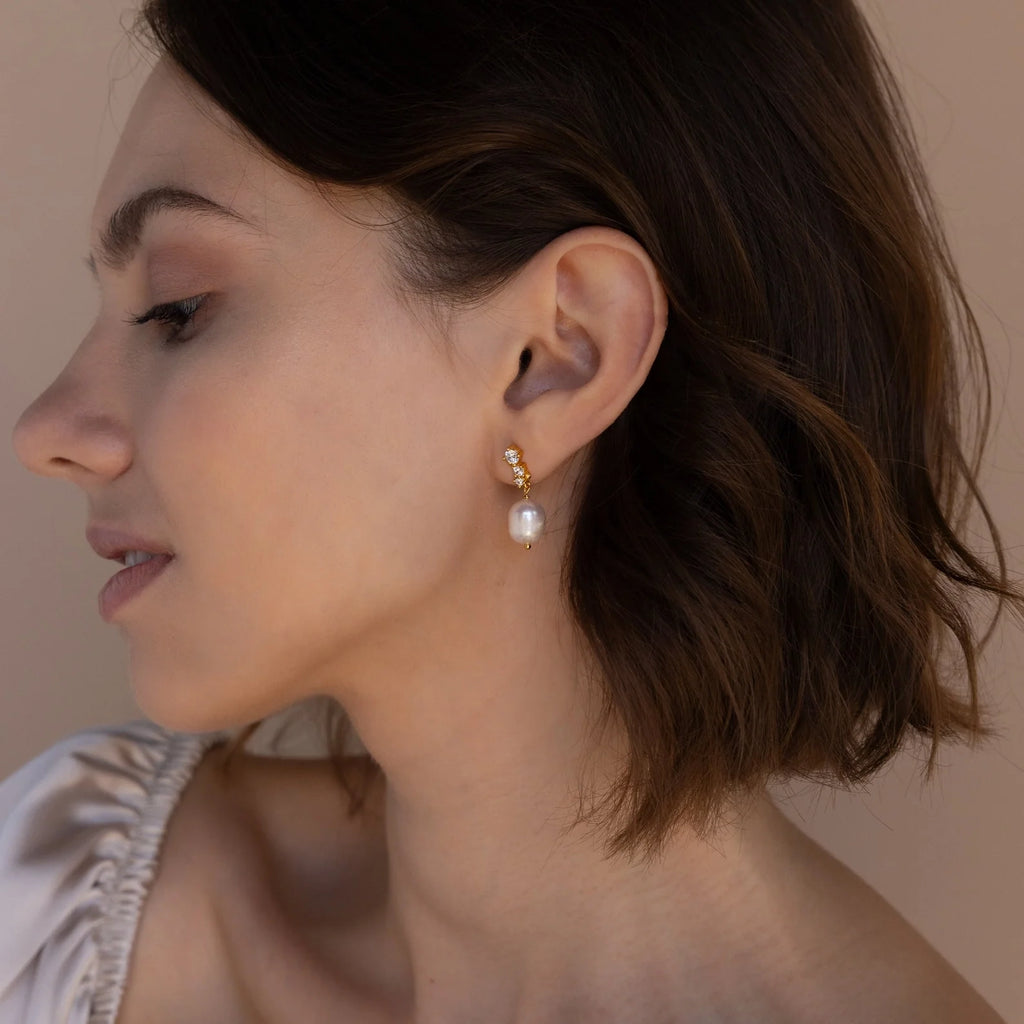 Diamond Pearl Drop Earrings Silver 18K Gold Plated