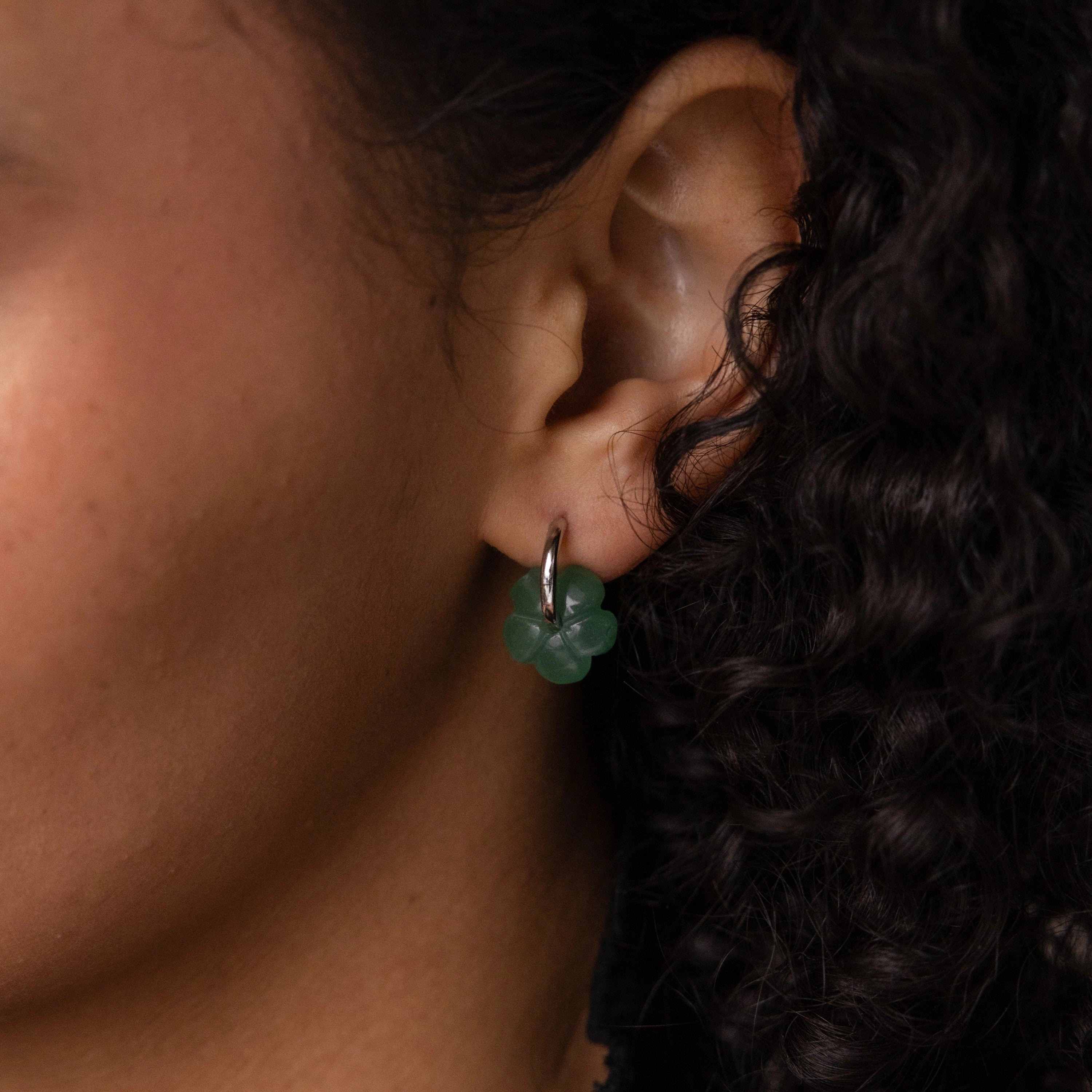 Jade Flower Hoops Silver 18K Gold Plated
