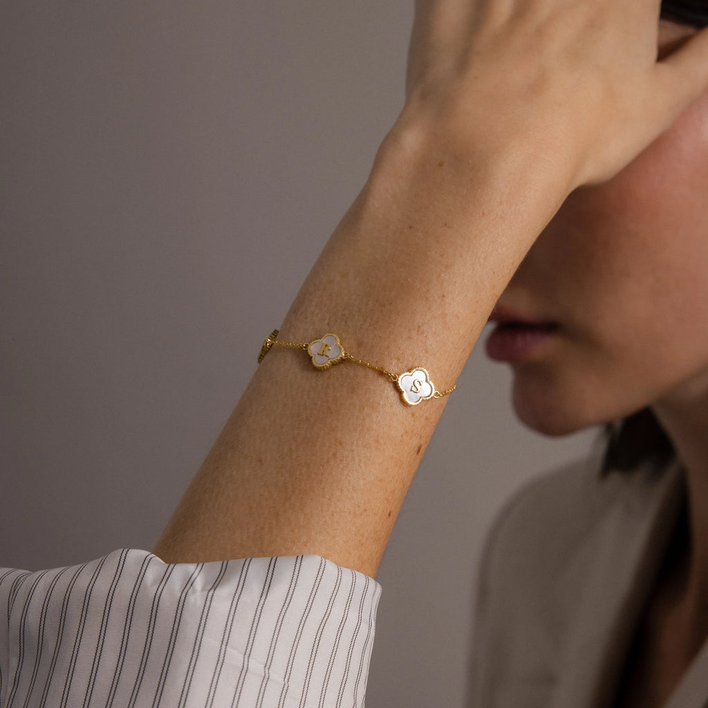 Pearl Clover Letter Bracelet Silver 18K Gold Plated