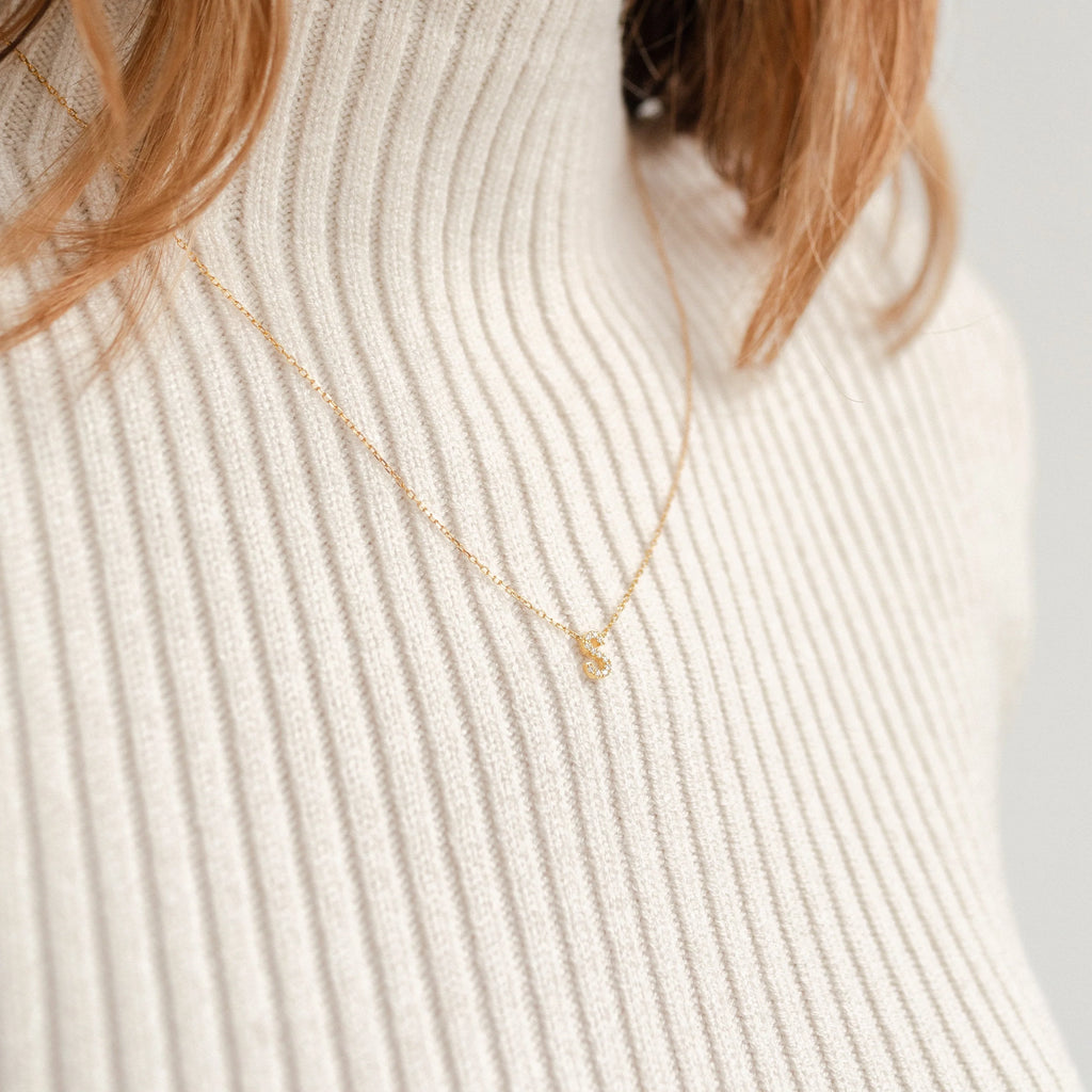 Pave Initial Necklace Silver 18K Gold Plated