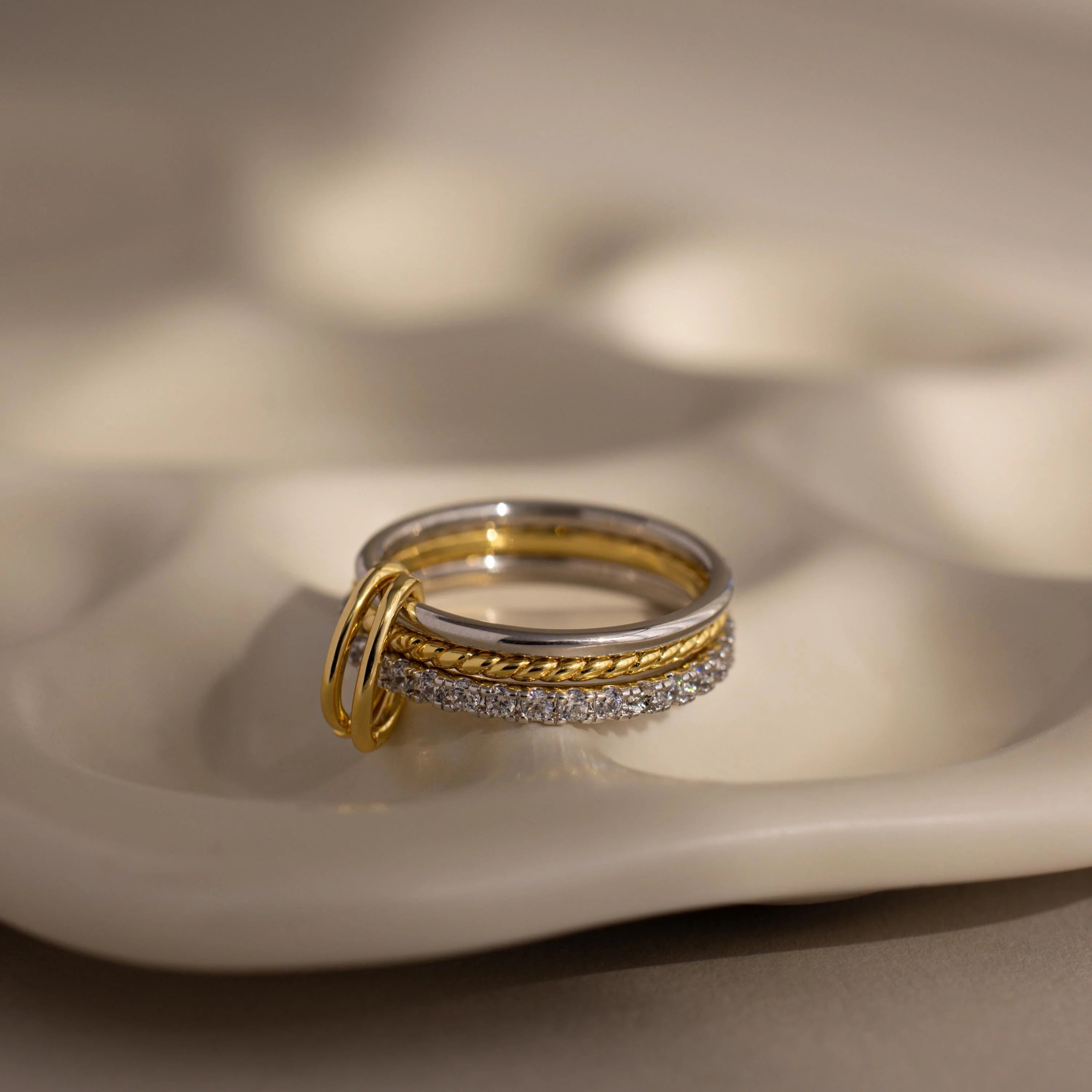 Pave Mixed Metal Linked Ring Set Silver 18K Gold Plated