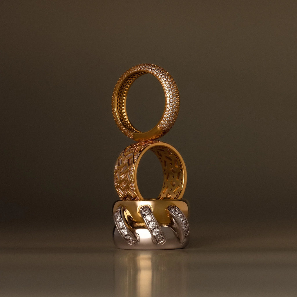 Round & Baguette Diamond Ring Silver 18K Gold Plated