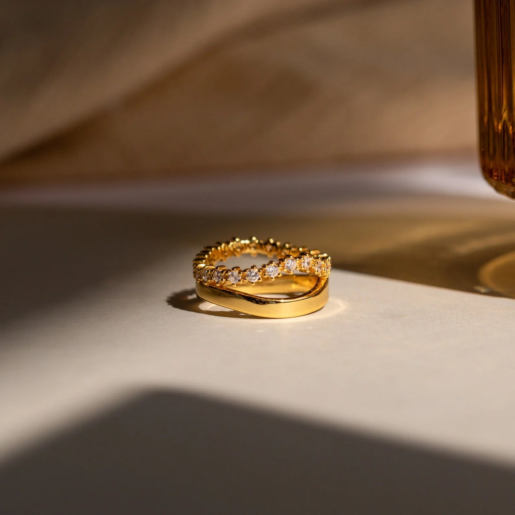Wave Diamond Duo Ring Silver 18K Gold Plated