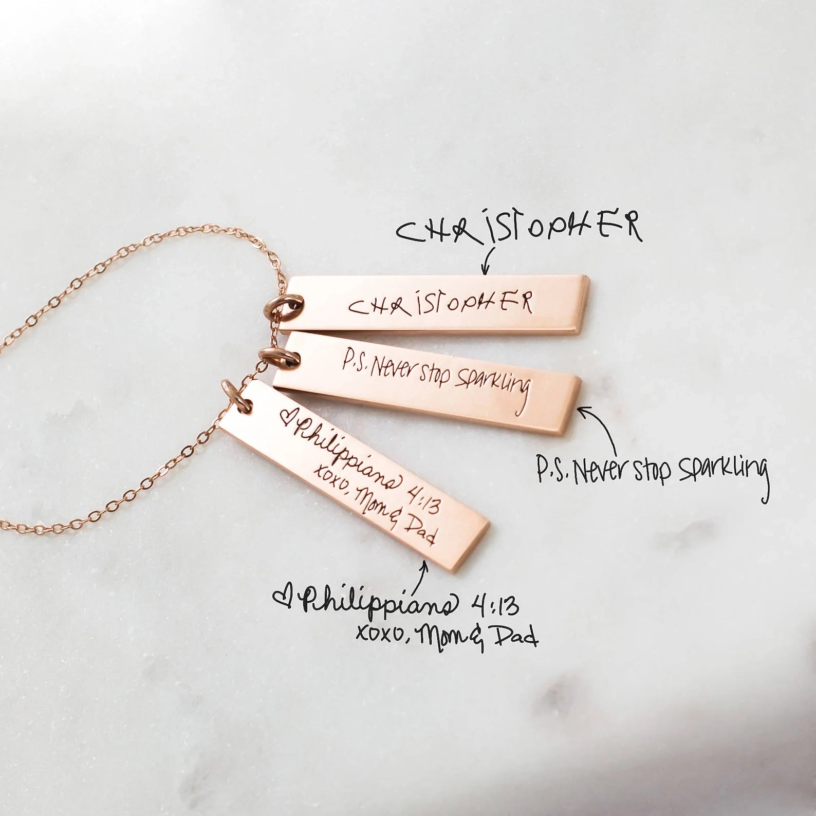 Vertical Handwriting Bar Necklace Silver 18K Gold Plated