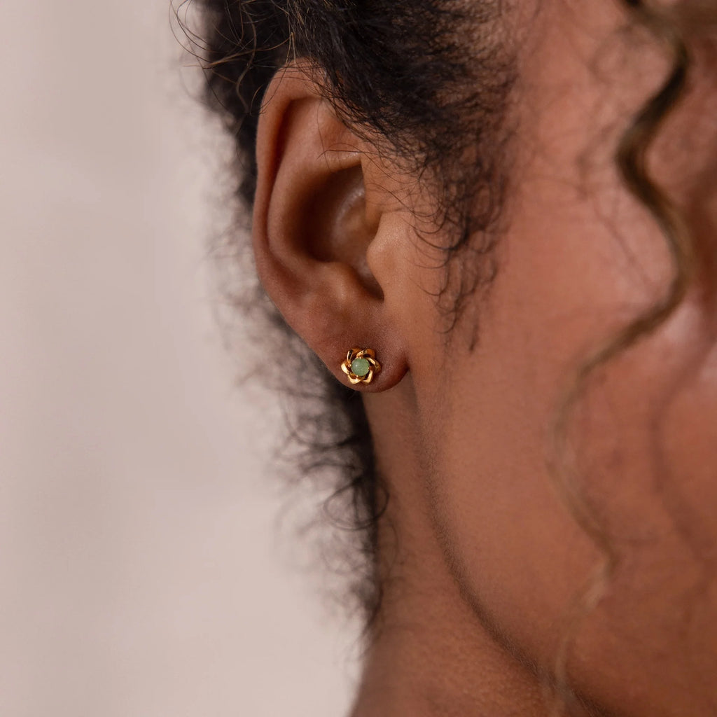 Mini Jade Flower Studs Silver 18K Gold Plated