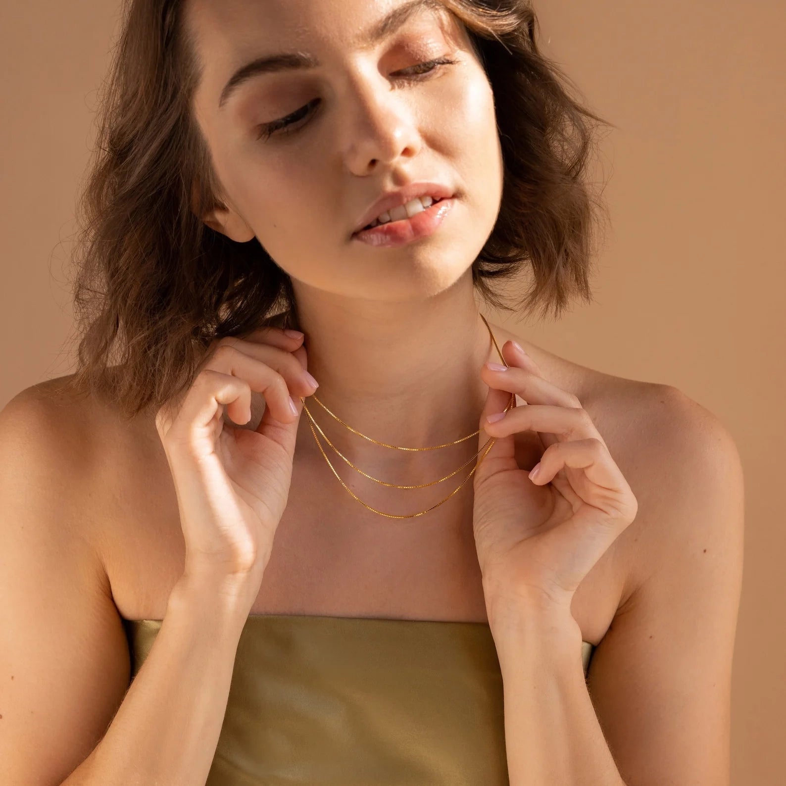Triple Box Chain Necklace Silver 18K Gold Plated