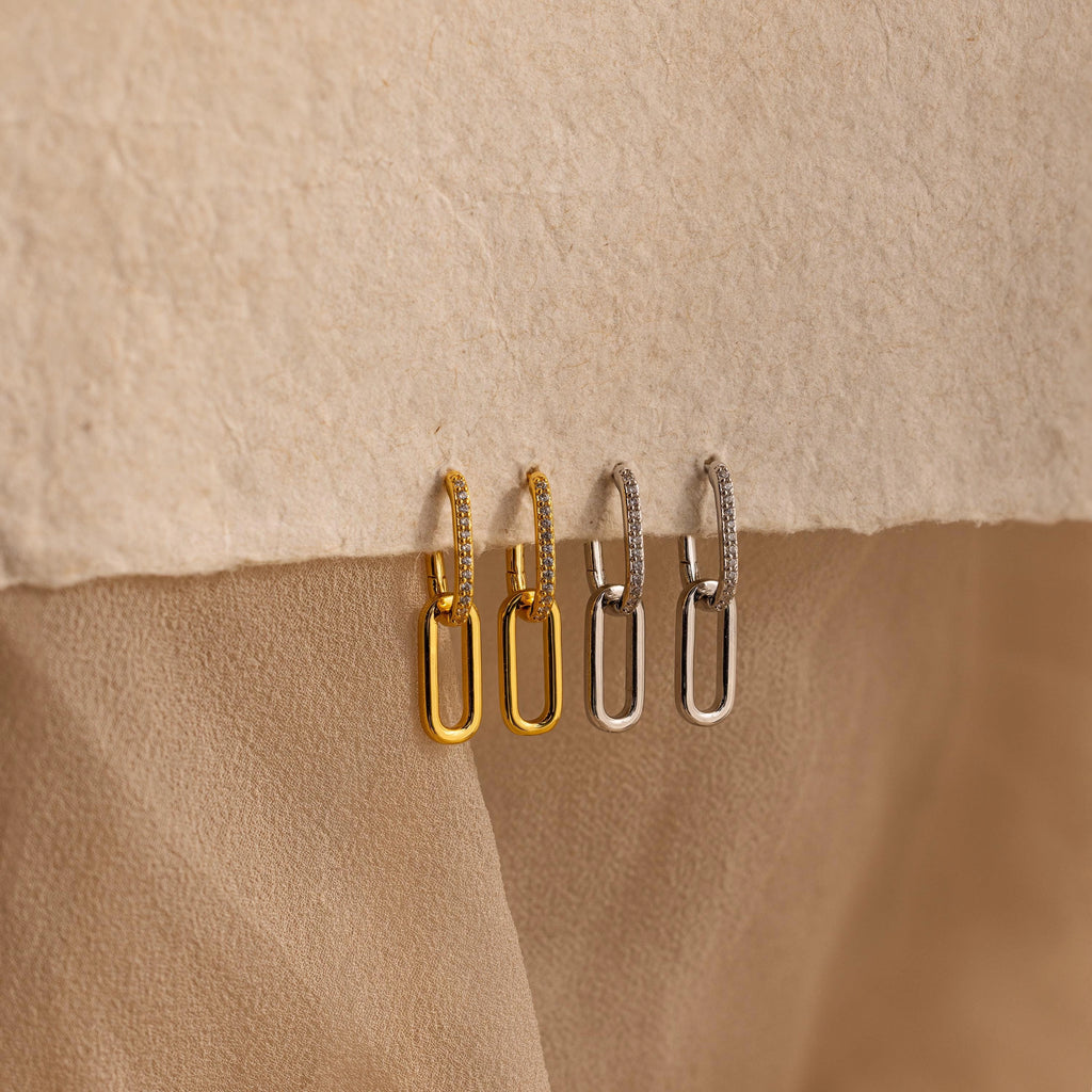 Pave Link Drop Earrings Silver 18K Gold Plated