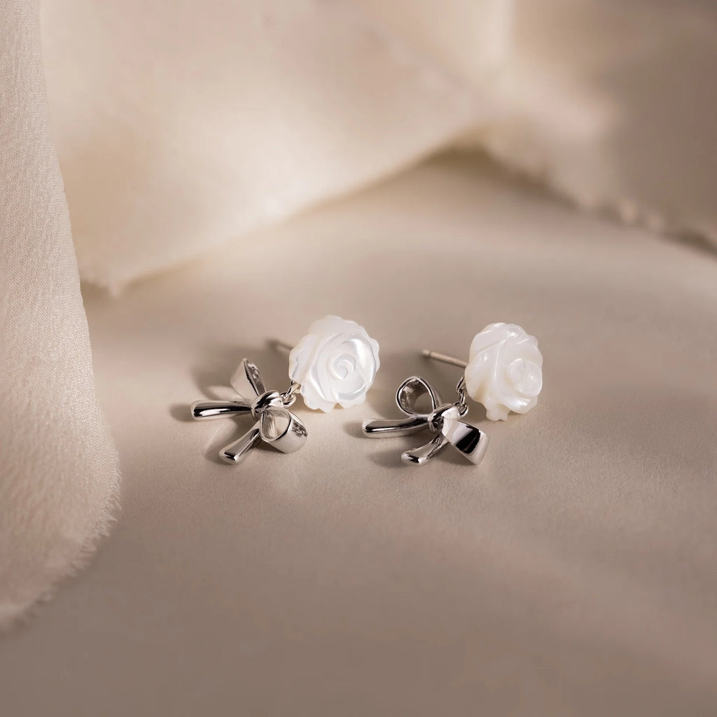 Pearl Rose Ribbon Studs Silver 18K Gold Plated