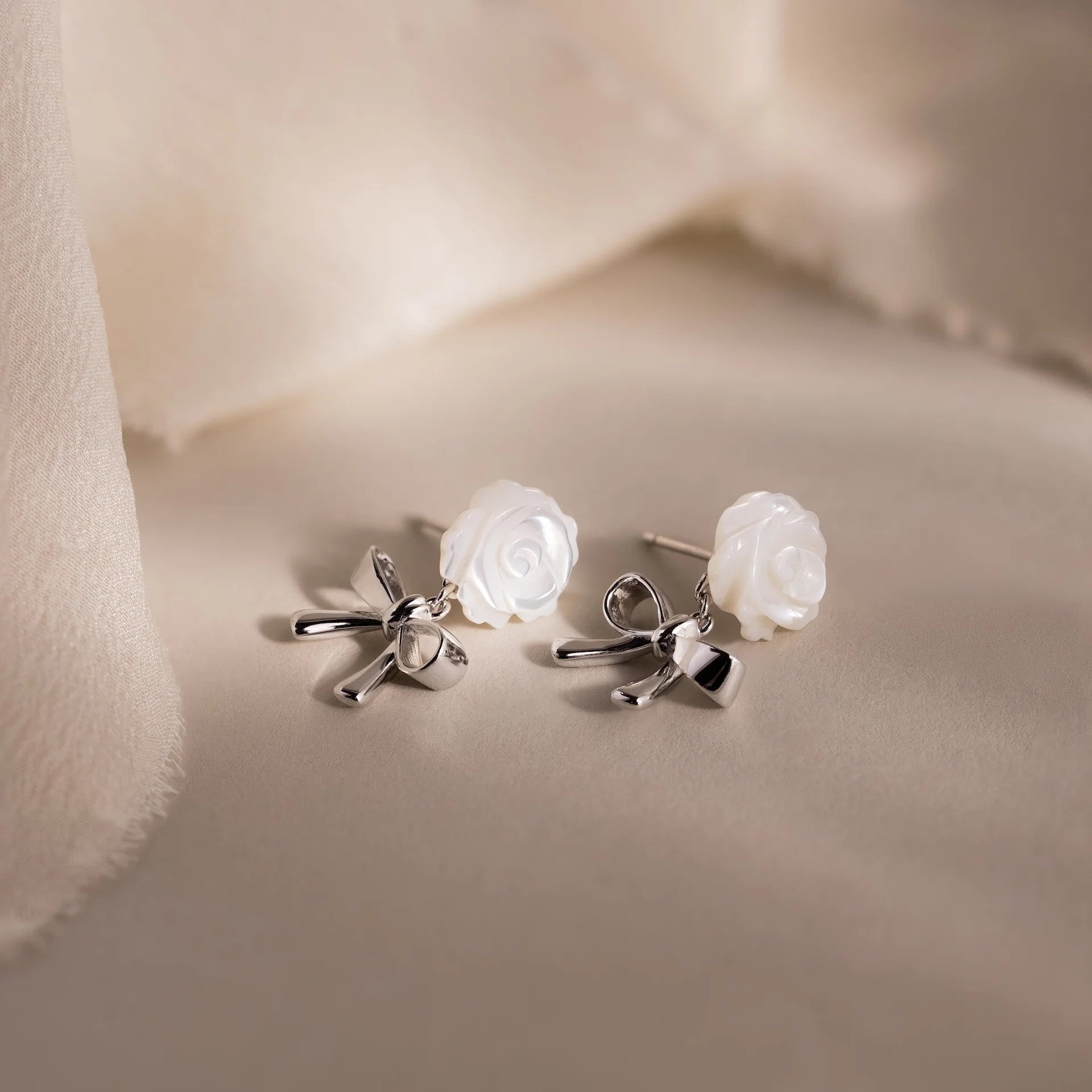 Pearl Rose Ribbon Studs Silver 18K Gold Plated