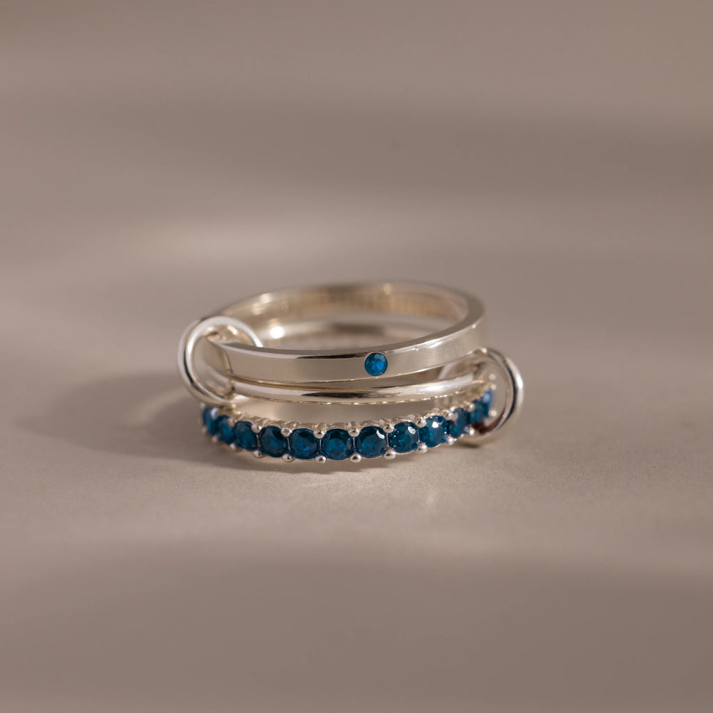 Triple Linked Blue Zircon Ring Set Silver 18K Gold Plated