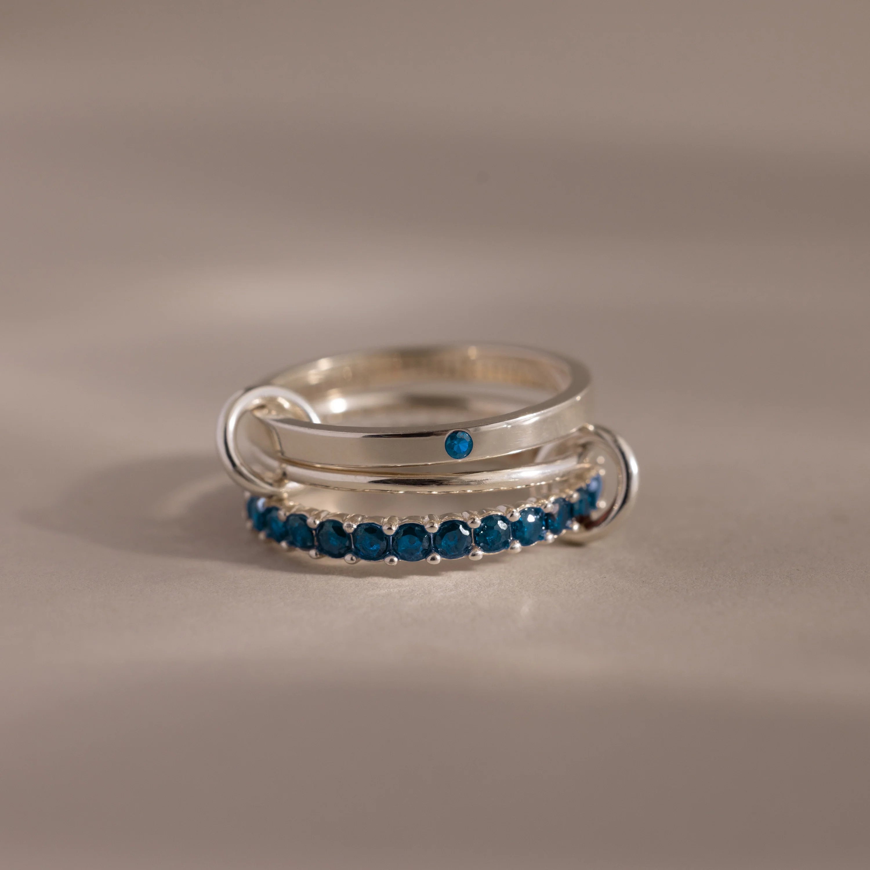 Triple Linked Blue Zircon Ring Set Silver 18K Gold Plated