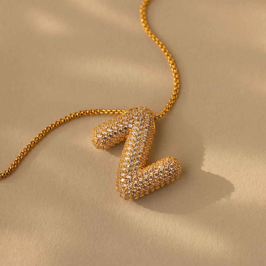 Pave Puff Letter Necklace Silver 18K Gold Plated