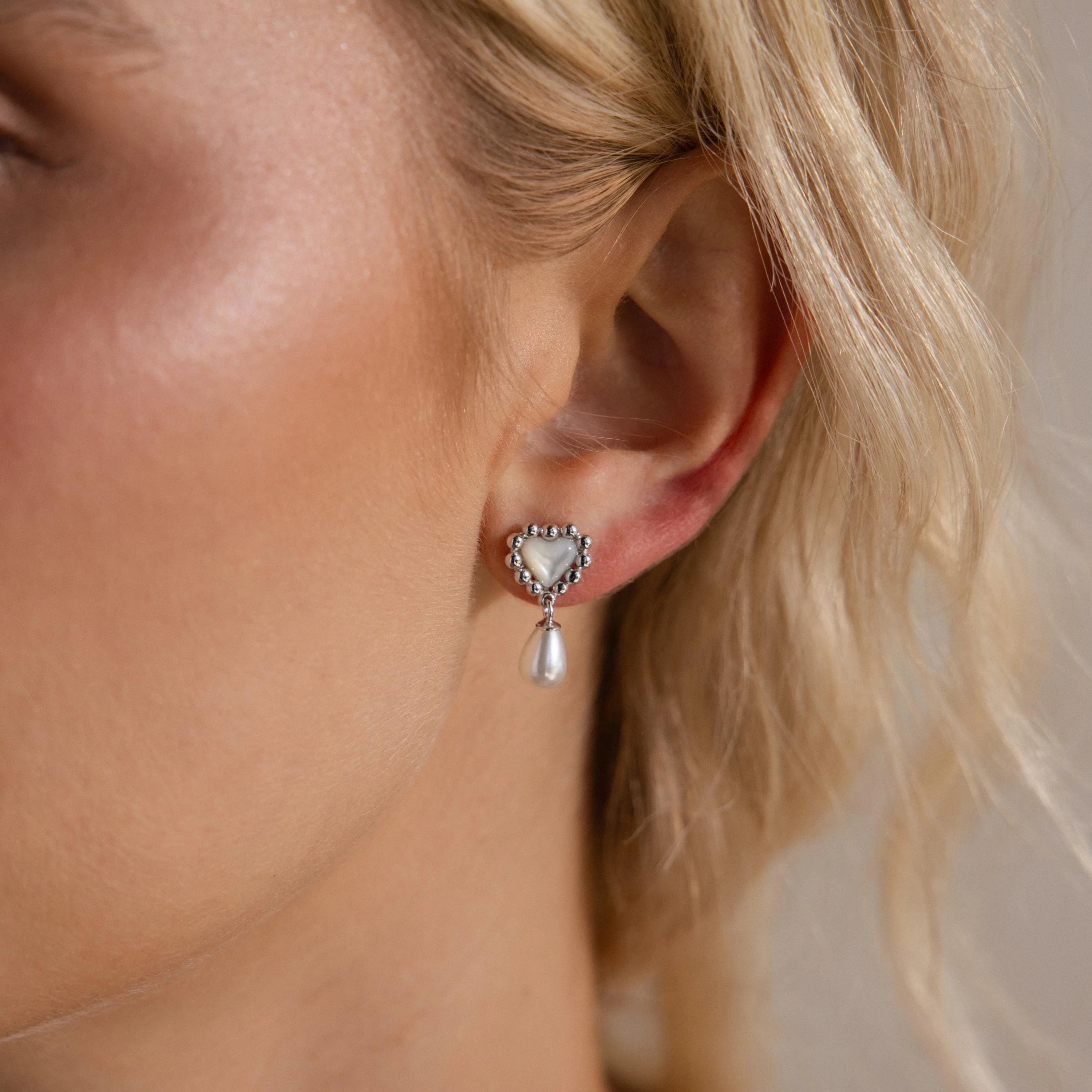 Pearl Heart Beaded Drop Studs Silver 18K Gold Plated