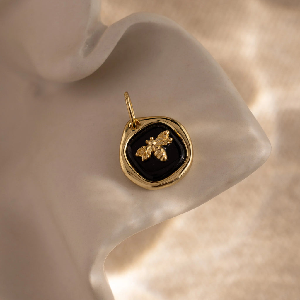 Onyx Honeybee Charm Silver 18K Gold Plated