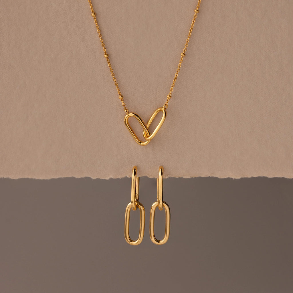 Linked Charm Necklace and Earrings Set Silver 18K Gold Plated